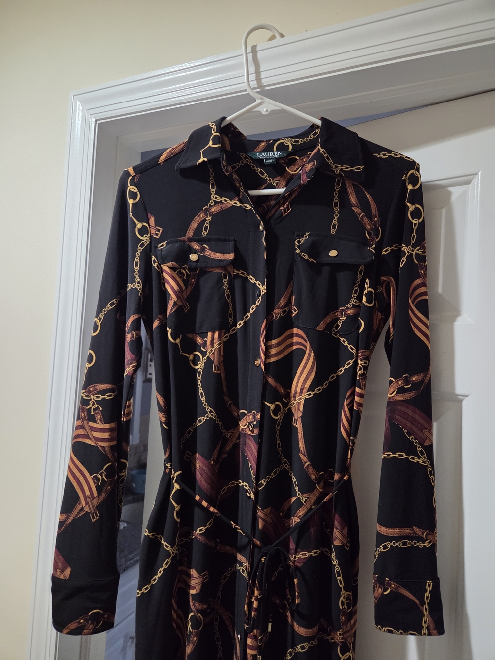 Lauren Ralph Lauren Black Chain-Print Long Shirt Dress